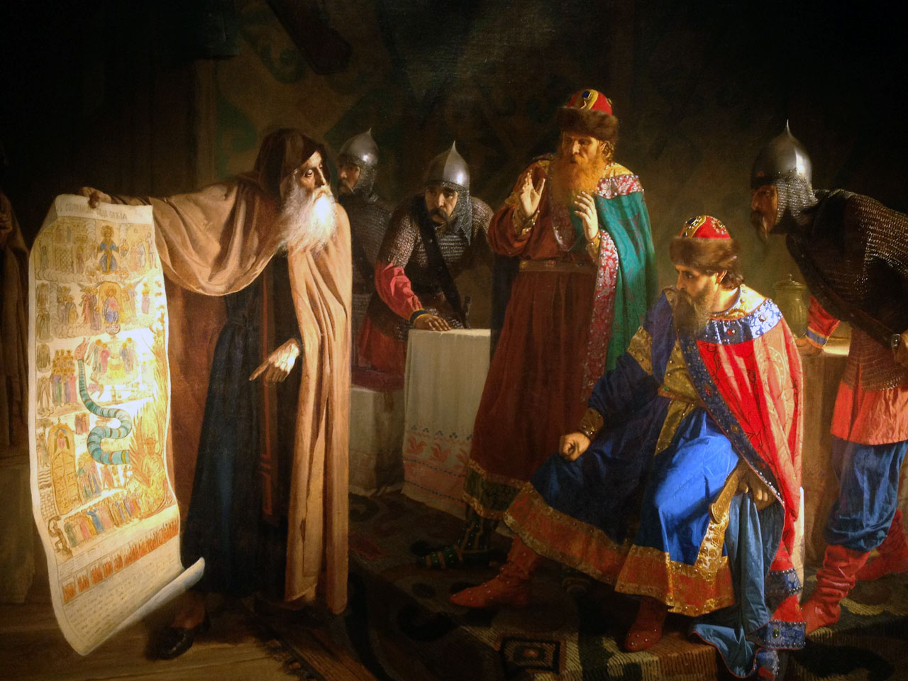 Князь Владимир в палатах с воеводами и монахом